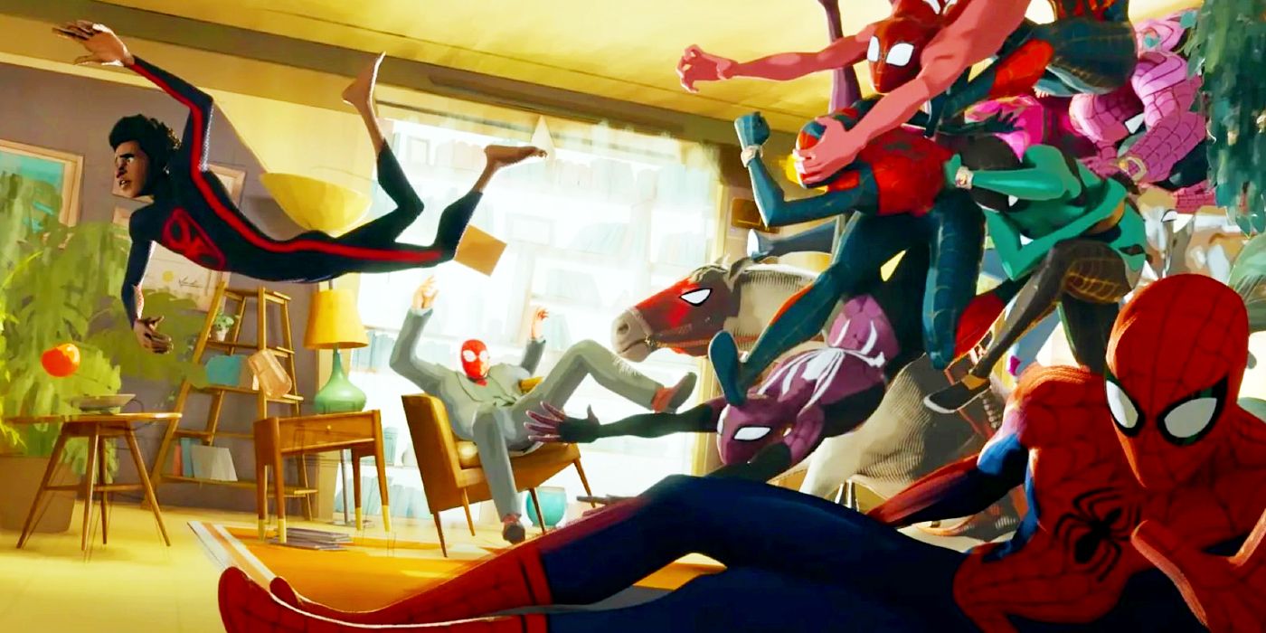 Multiple Spider-Man variants chasing Miles Morales in Across the Spider-Verse.