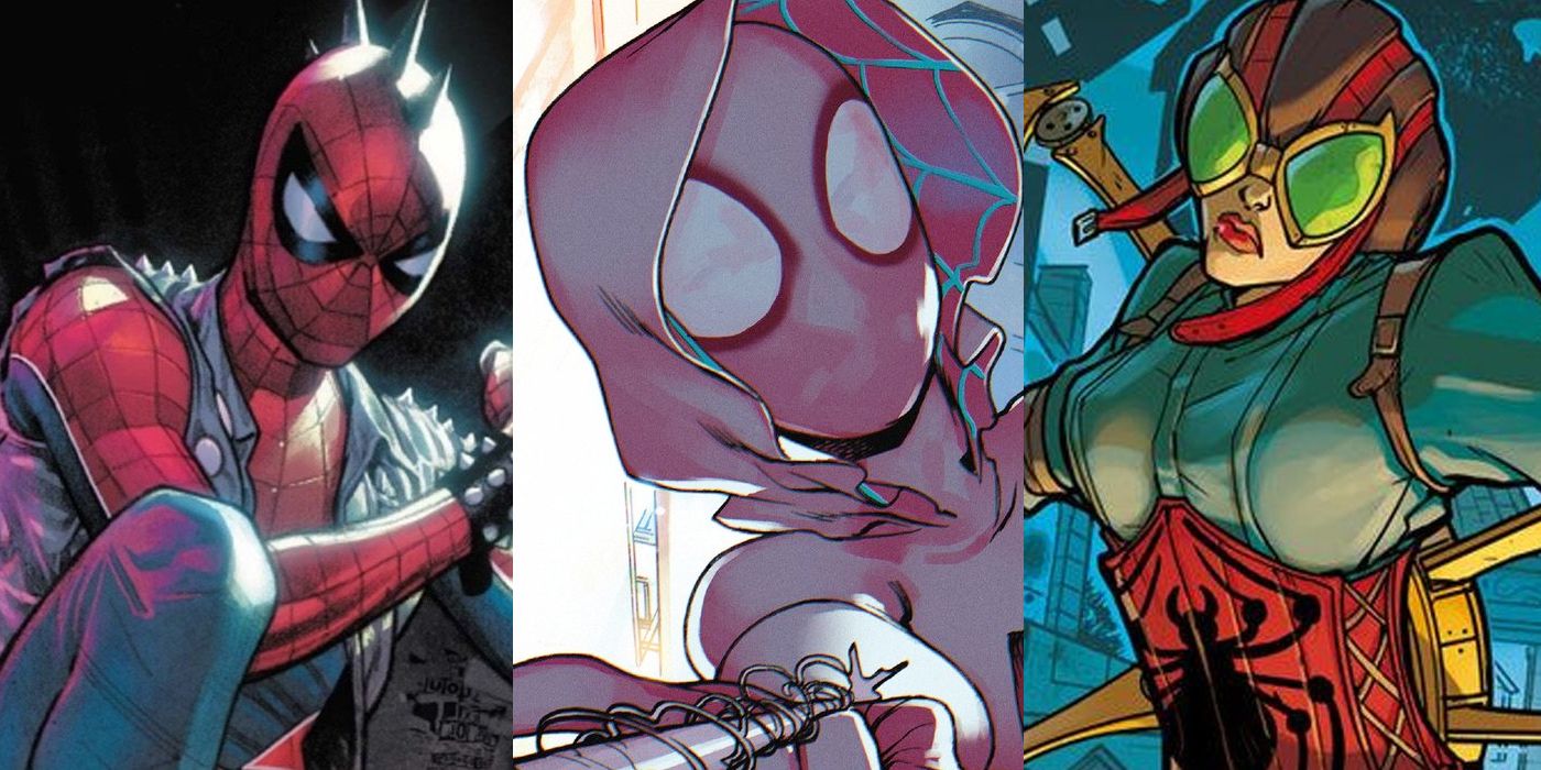 Split Image: Spider-Punk, Spider-Gwen, and Lady Spider in Spider-Verse comic