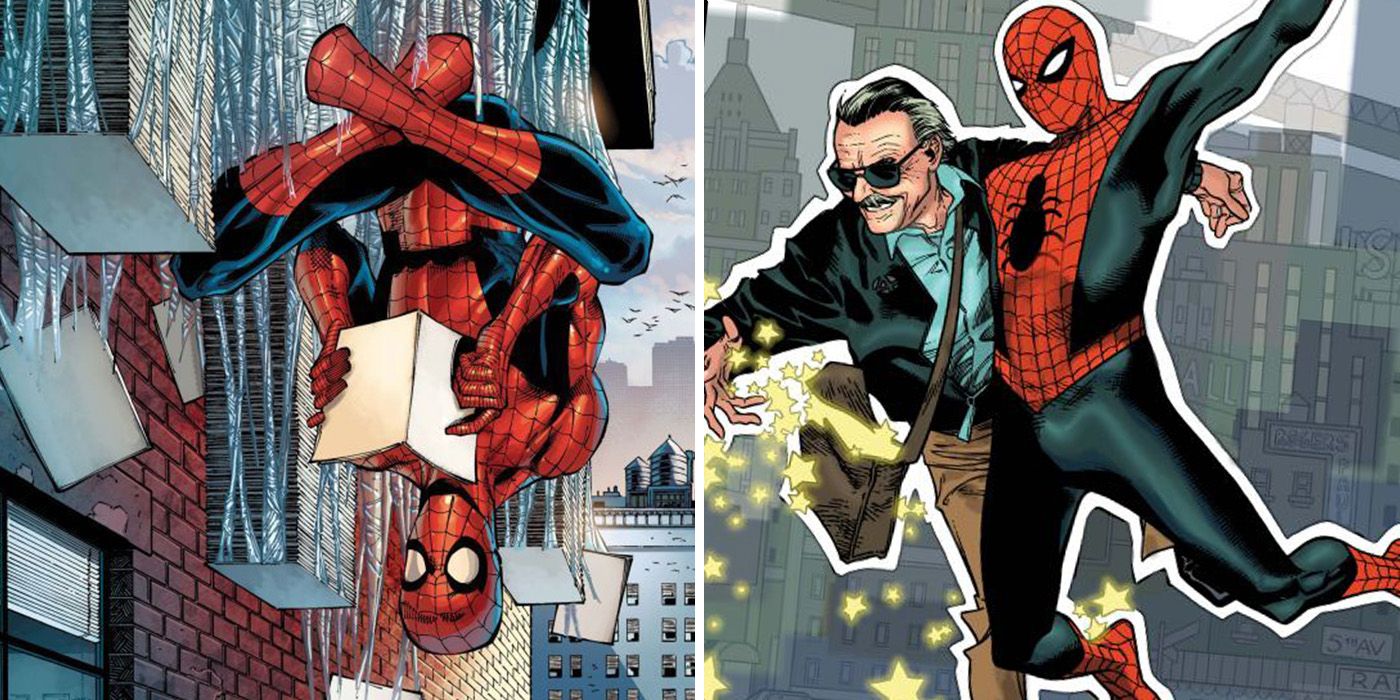 split image: Spider-Man reads comics in his webs and swings with Stan Lee