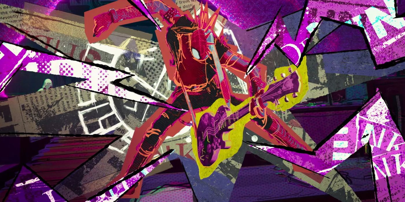 Spider-Punk, Hobart Brown, toca sua guitarra em Spider-Man: Across the Spider-Verse.