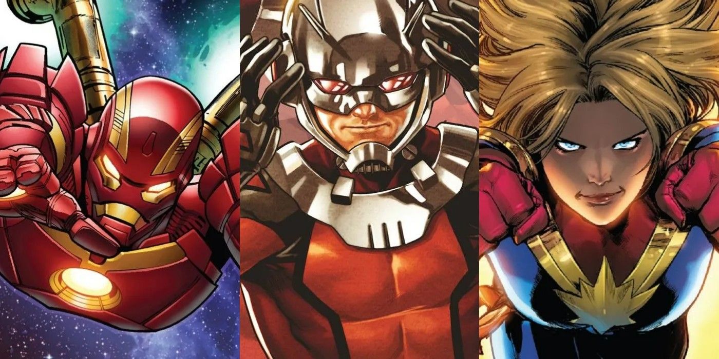 Split Image of Iron Man, Ant-Man, and Captain Marvel from Marvel Comics