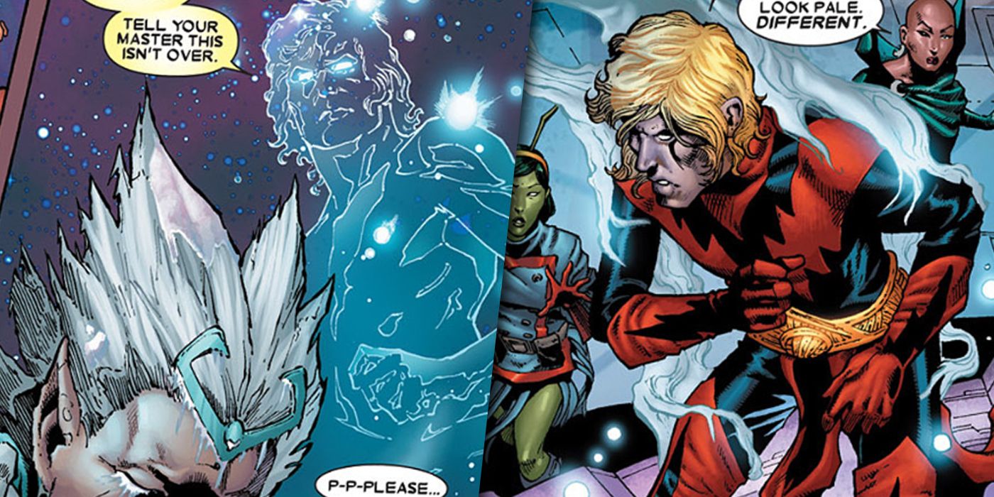 Split image of Adam Warlock teleporting away from battle to Knowhere