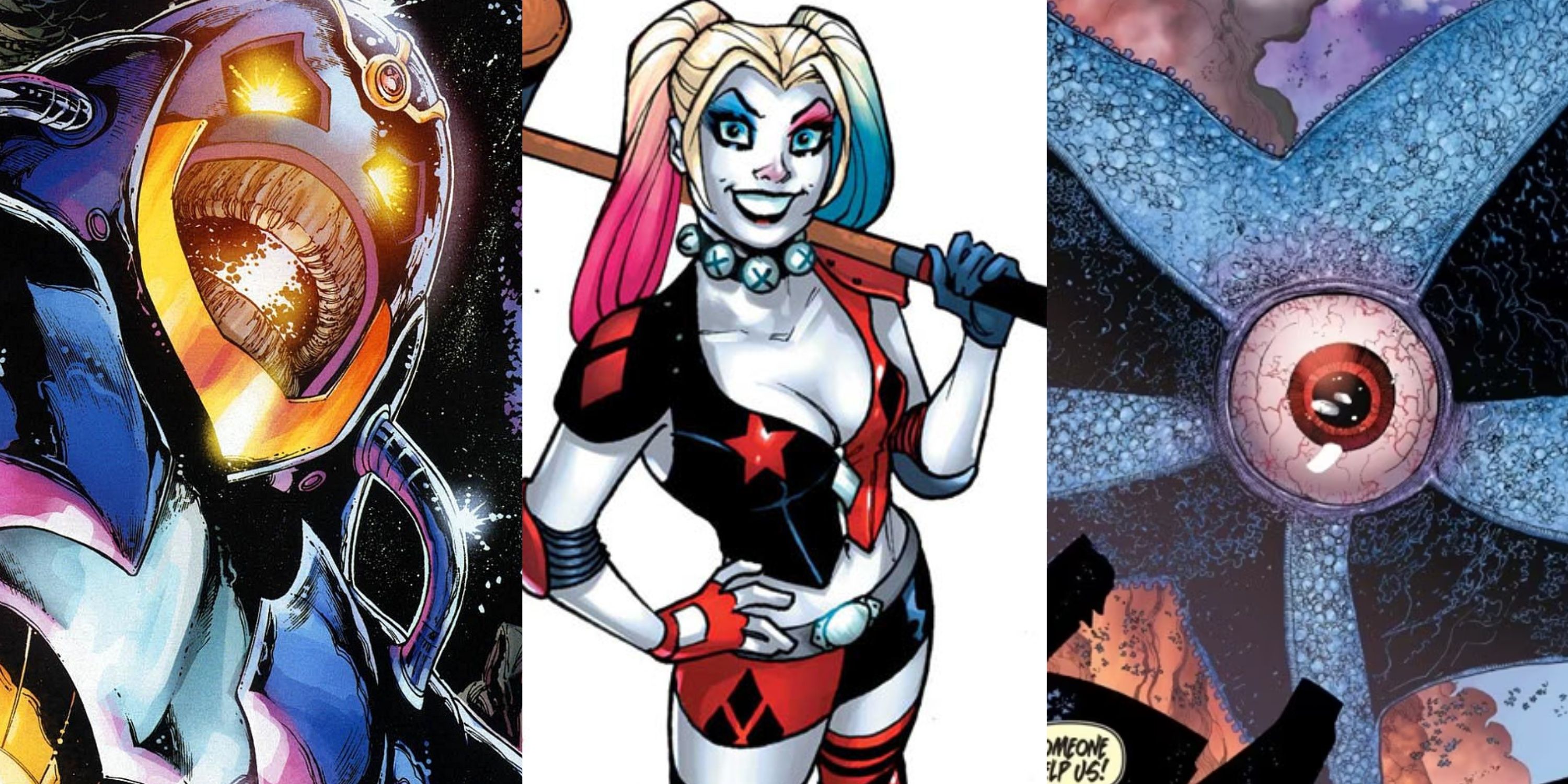 Split image of Anti-Monitor, Harley Quinn and Starro in DC Comics