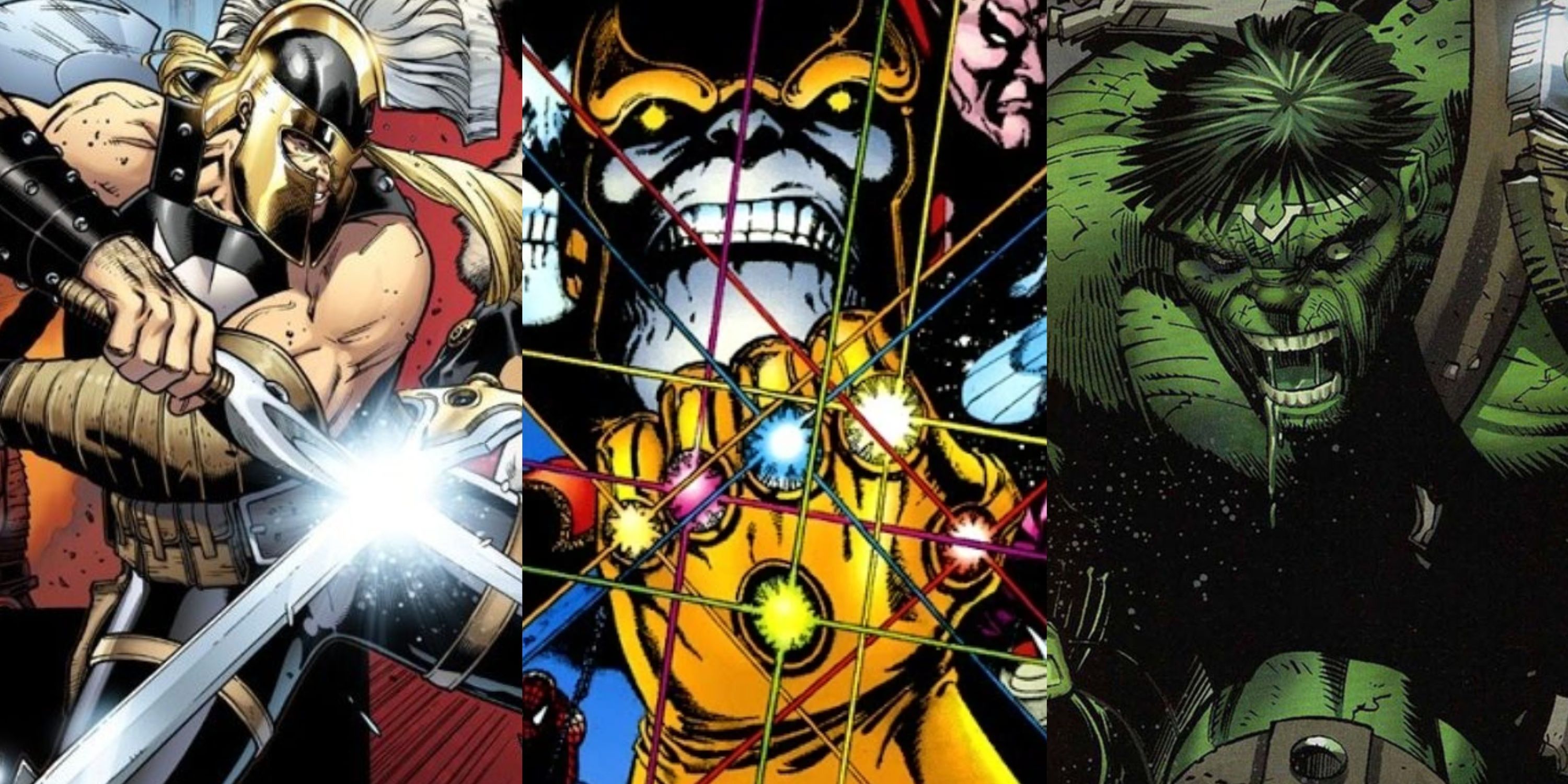 Split image of Ares, Thanos with the Infinity Gauntlet and Hulk in Marvel comics