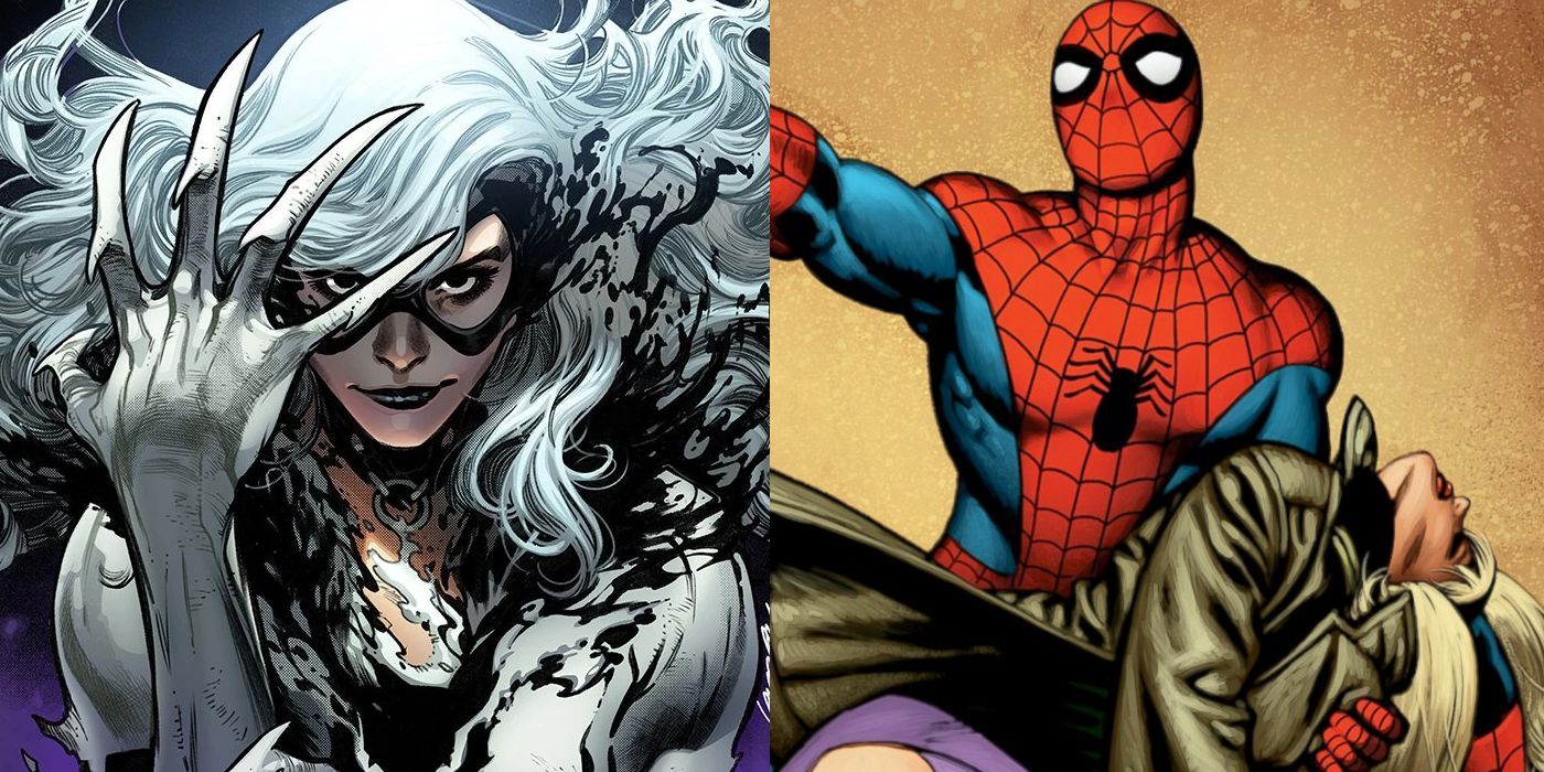 Split Image of Black Cat in the Anti-Venom symbiote and Spider-Man mourning the death of Gwen Stacy