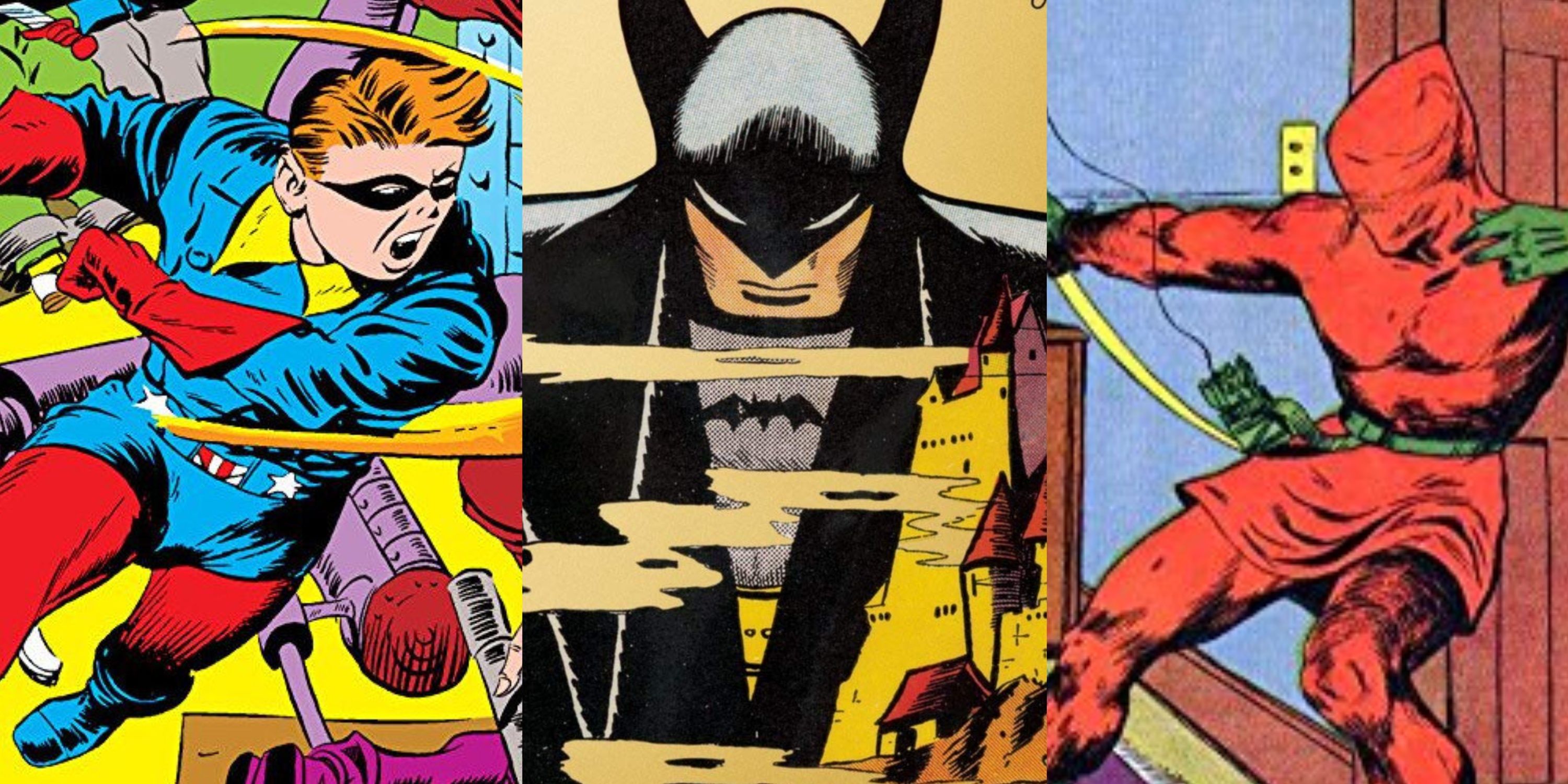 Split image of Bucky, Batman and Arrow in Golden Age comics