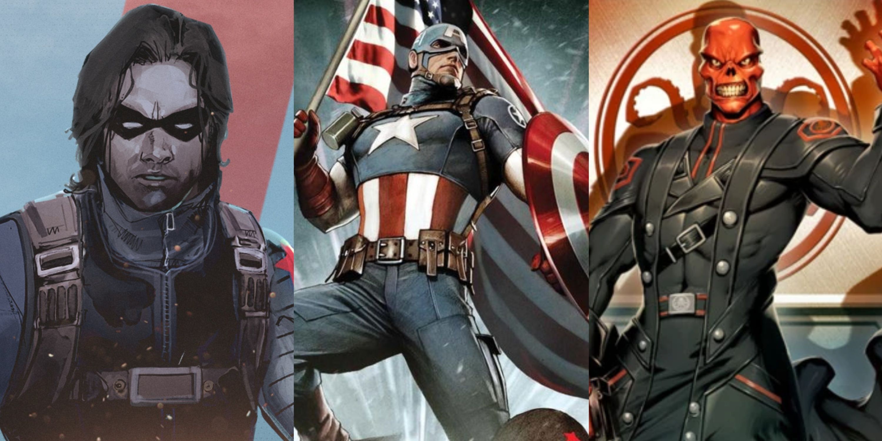 Split image of Bucky as the Winter Soldier, Cap and Red Skull leading Hydra in Marvel comics