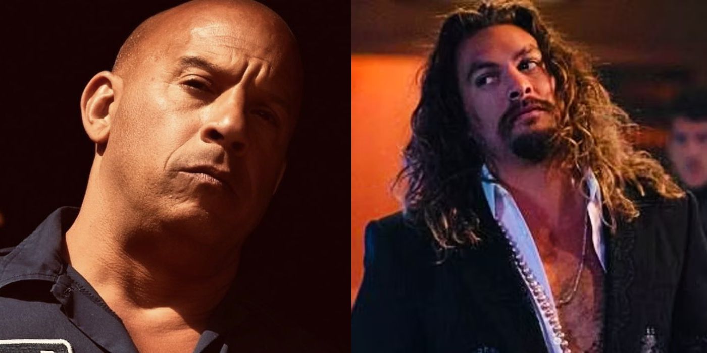 Split Image of Dominic Toretto (Vin Diesel) and Dante Reyes (Jason Momoa) in Fast X