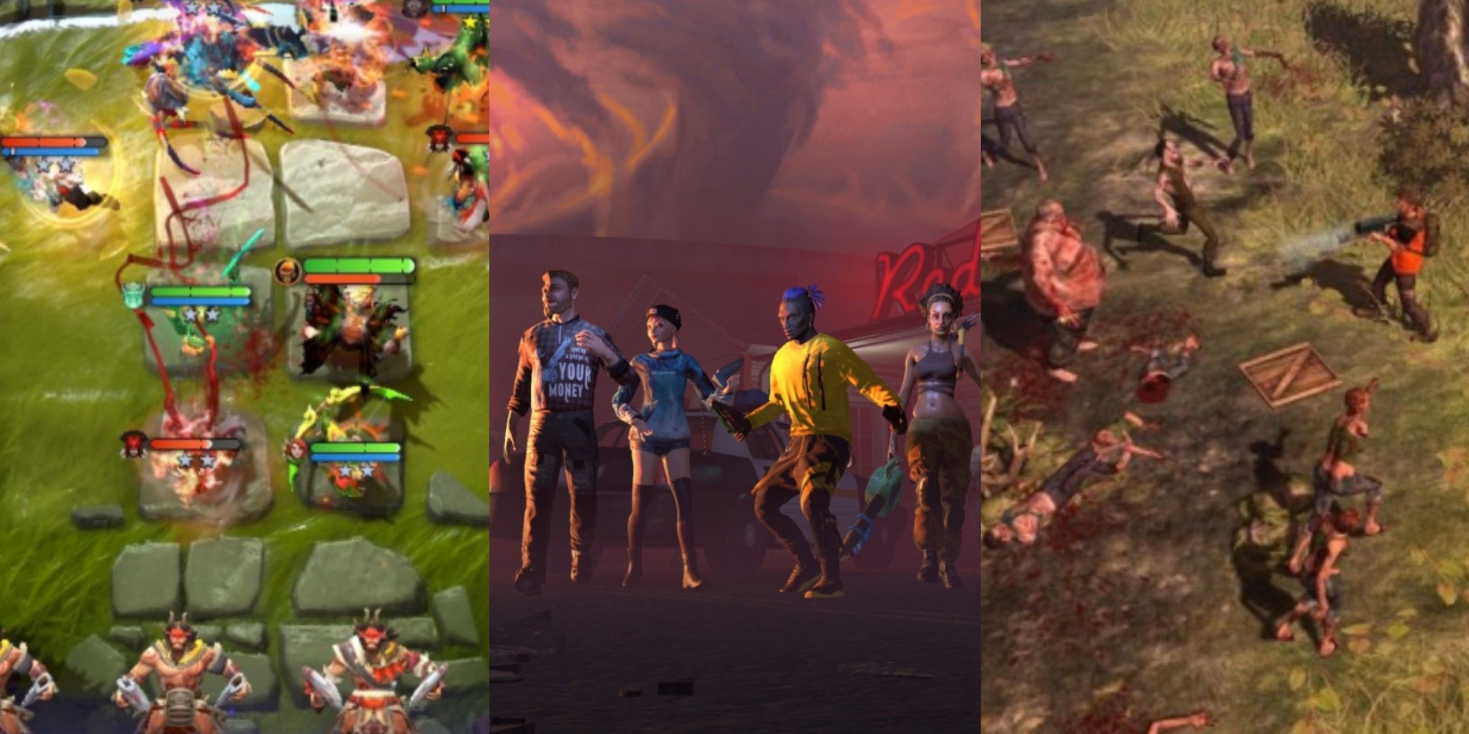 Split image of gameplay from Dota Underlords, REQUSITION VR, and How To Survive