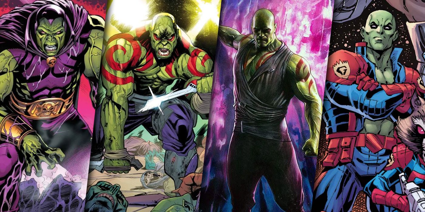 Split image of Drax in four different comic costumes