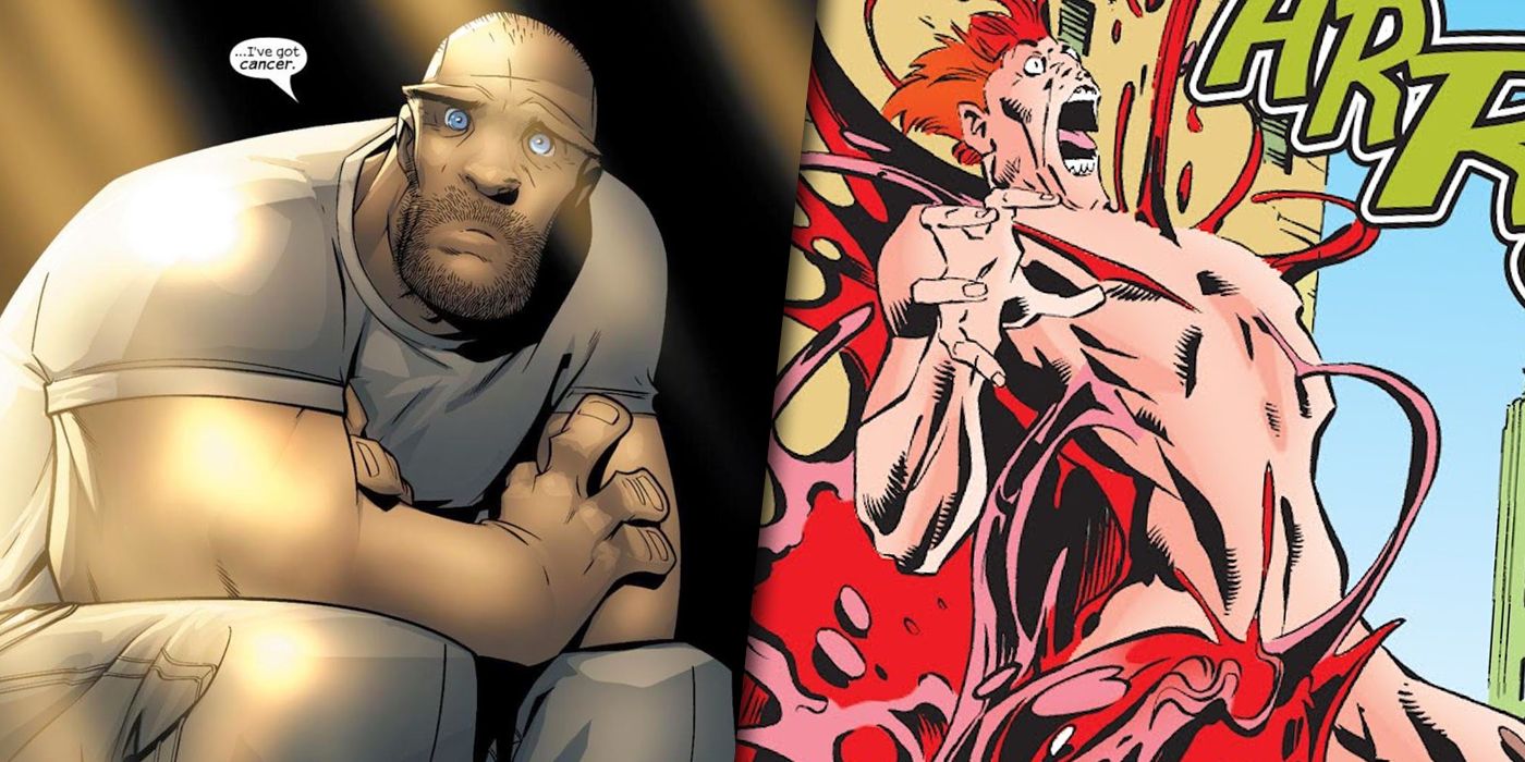 Split image of Eddie Brock and Cletus Kasady with the Carnage symbiote dealing with cancer