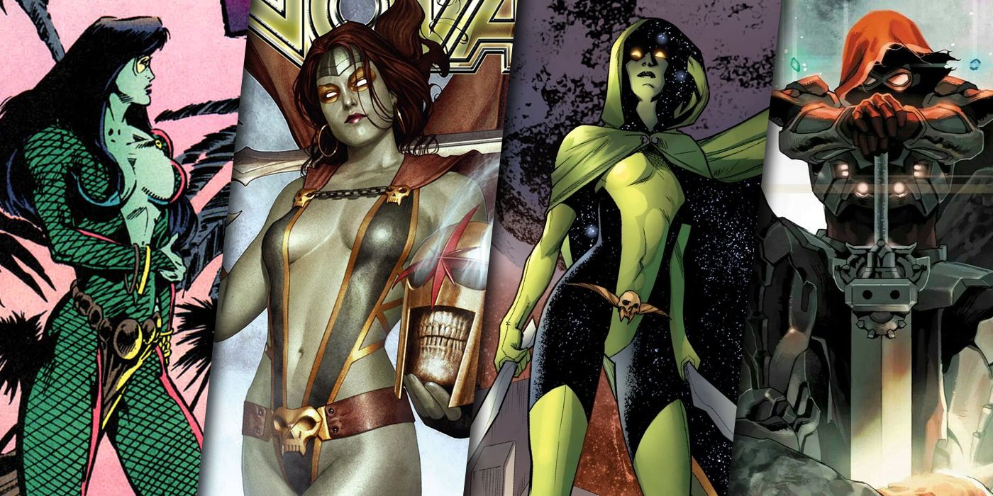 Split image of Gamora in four different comic costumes
