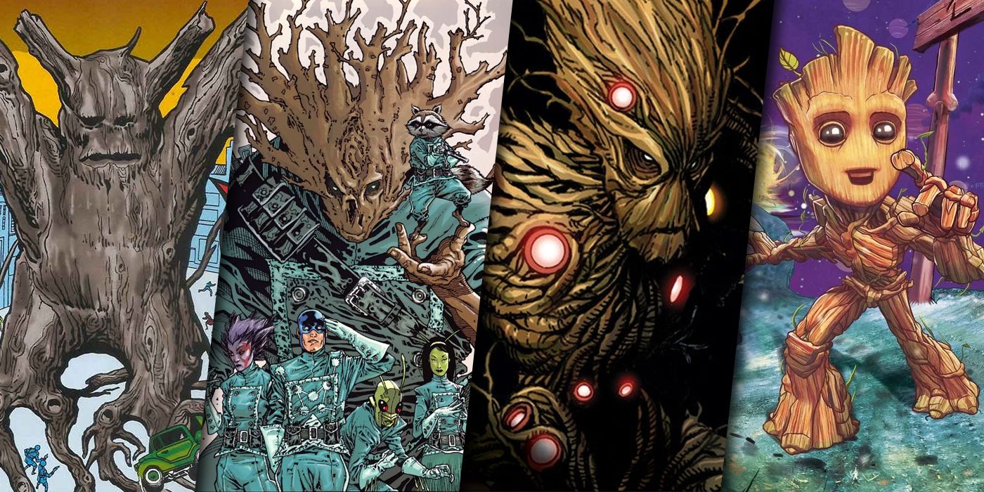 Split image of Groot in four different comic costumes