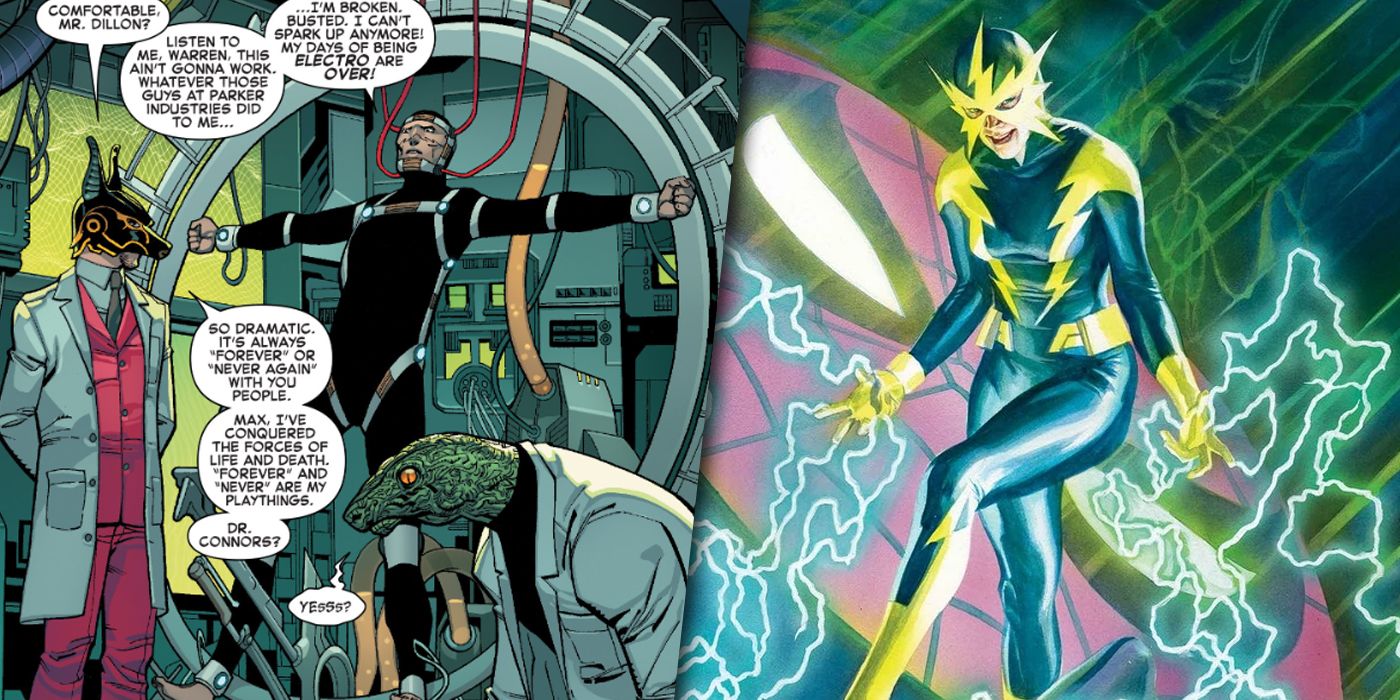 Split image of Jackal and Lizard empowering Francine Frye as Electro from Marvel Comics