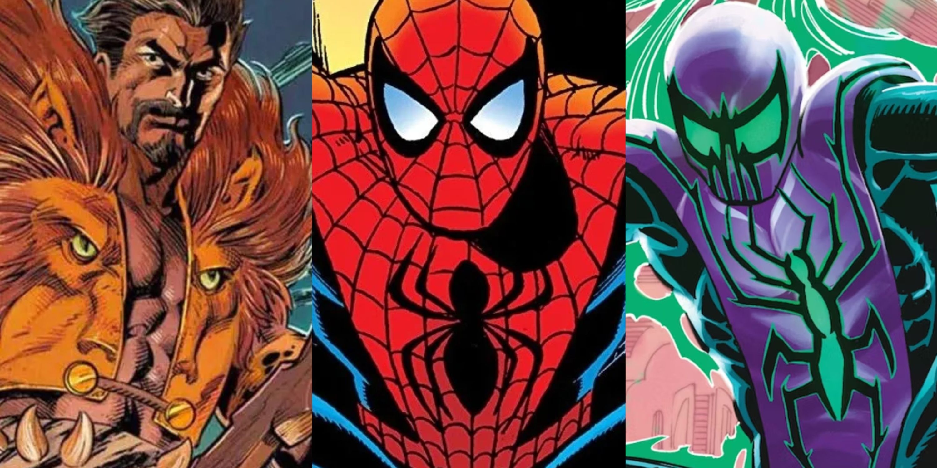Split image of Kraven, Spider-Man and Chasm feature
