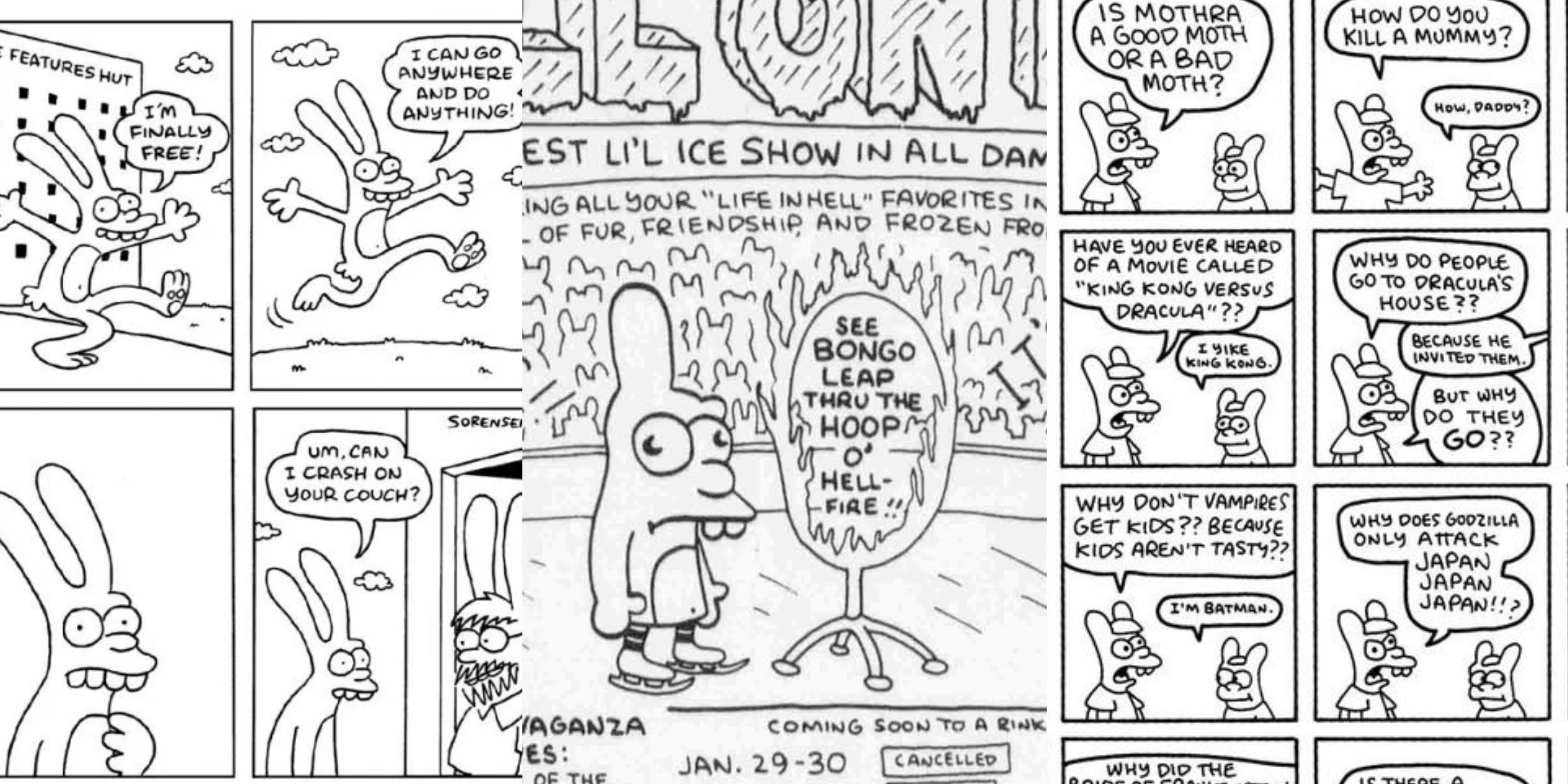 Split image of Life In Hell comic strips feature