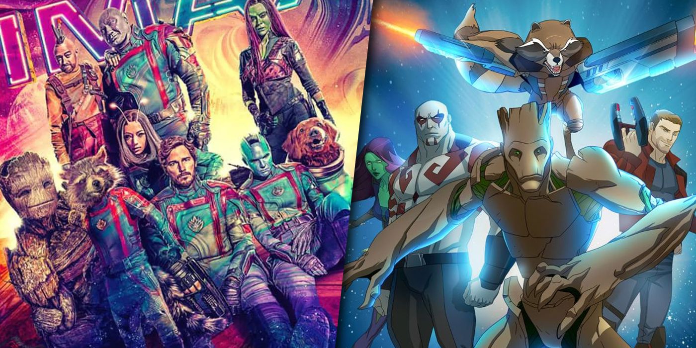 Split image of live-action and animated adaptations of the Guardians of the Galaxy
