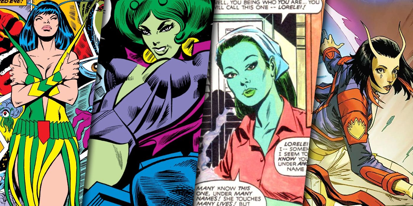 Split image of Mantis in her original and her Guardians costumes and as Willow and Lorelei in other comic universes