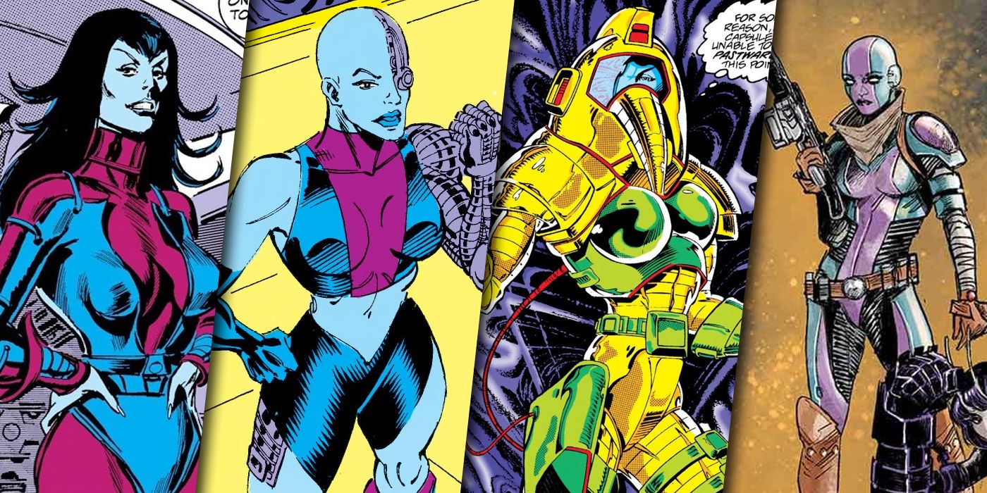 Split image of Nebula in four different comic costumes