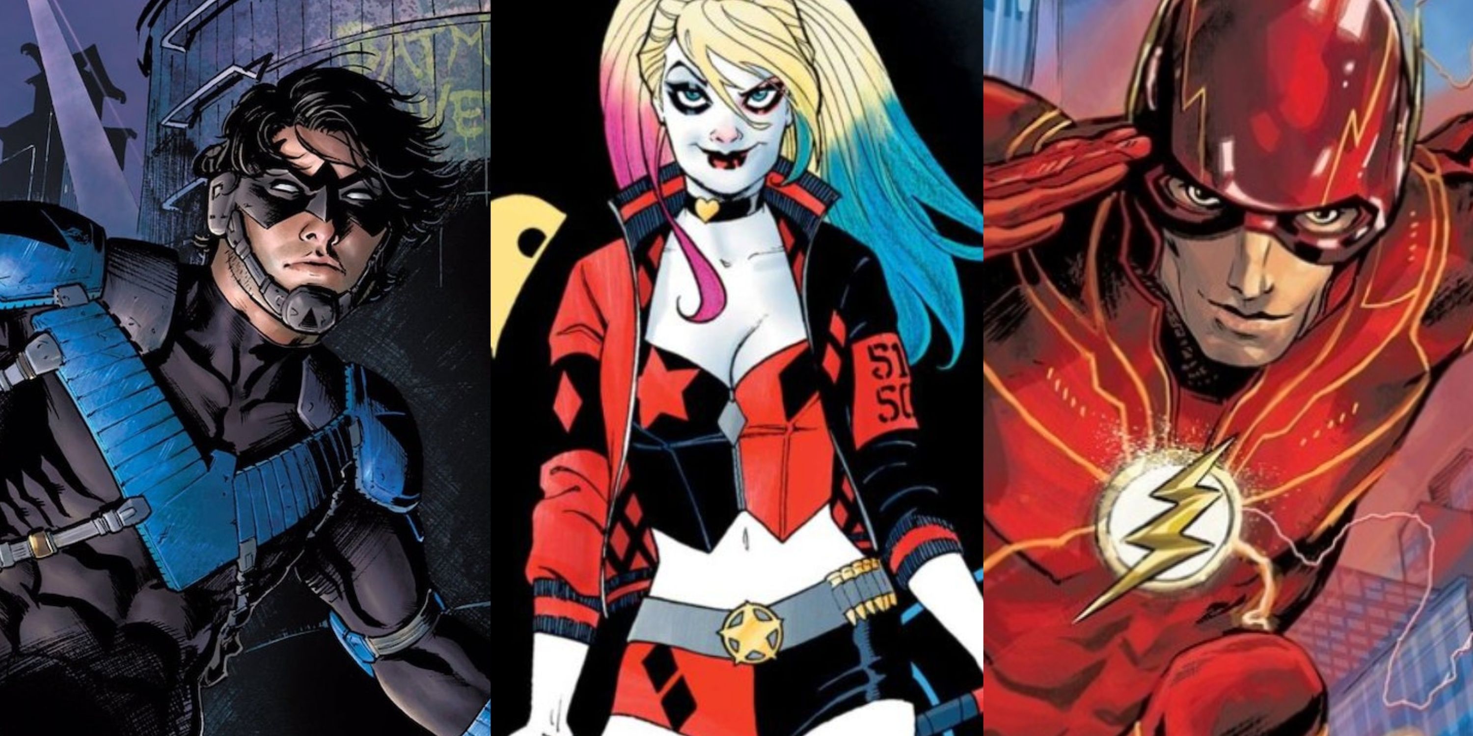 Split image of Nightwing, Harley Quinn and Ezra Miller Flash in DC Comics