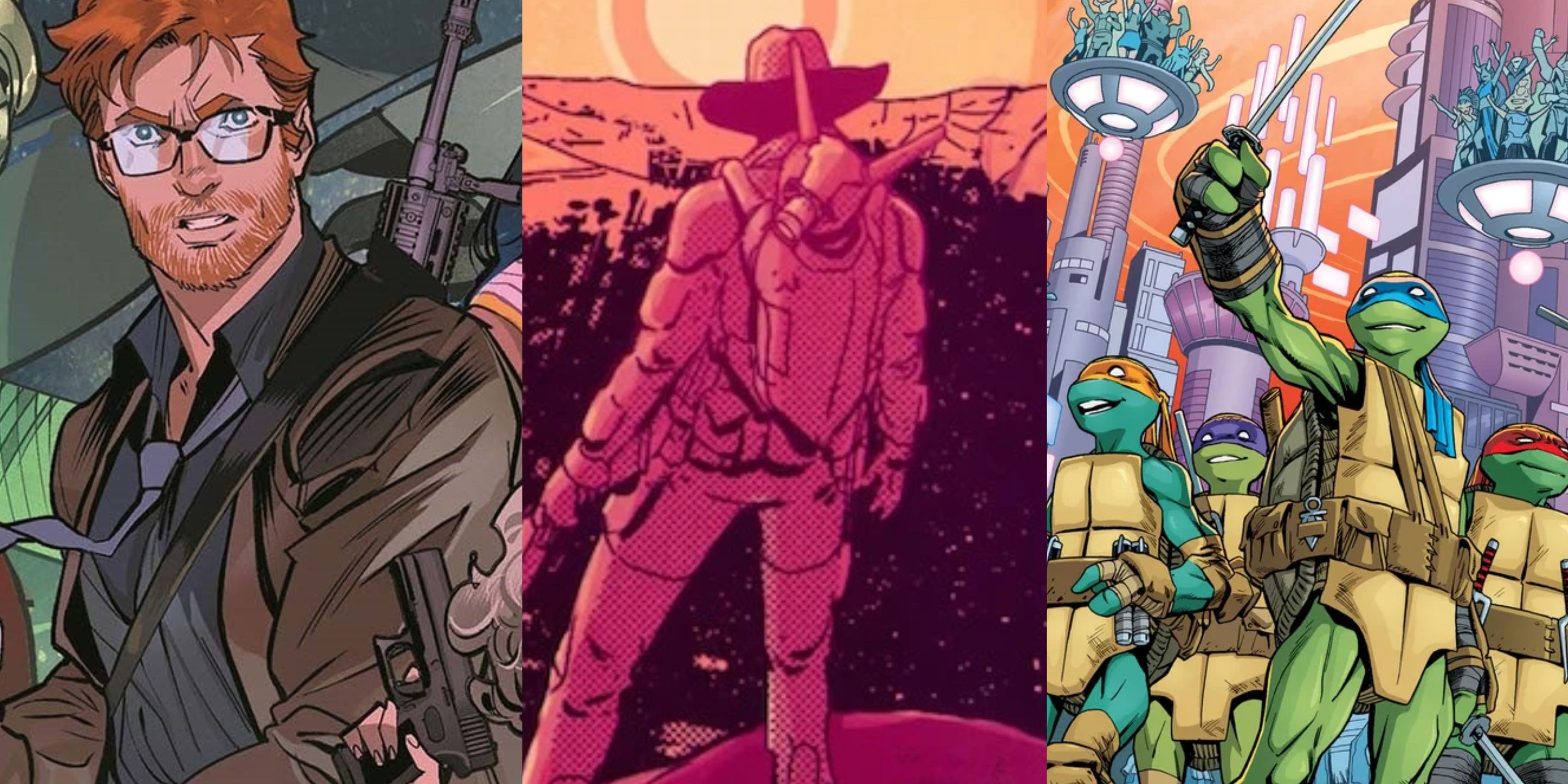 Split image of Once and Future, East and West and TMNT Indie comics