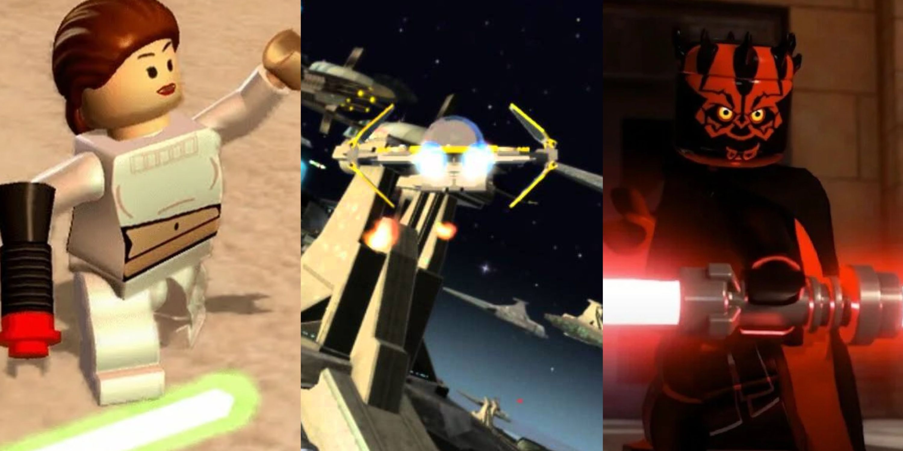 Split image of Padme, a ship and Maul in Lego Star Wars feature