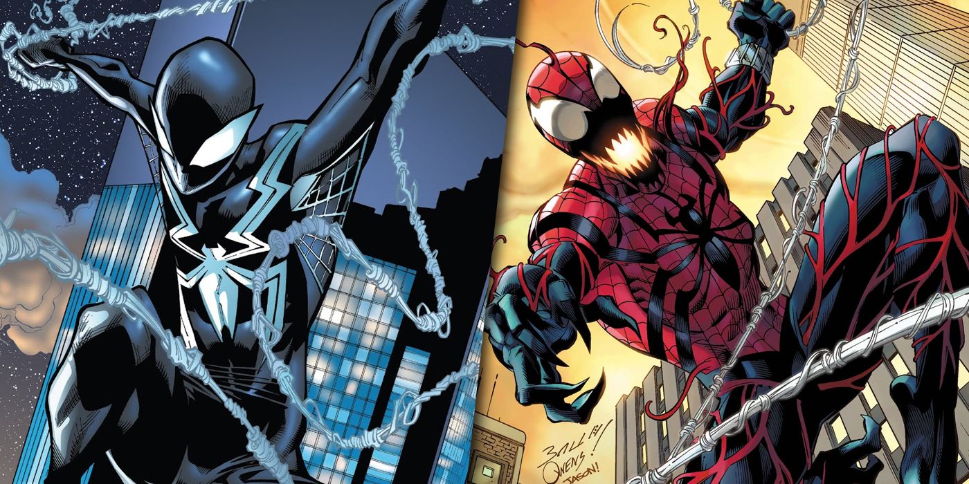 Split image of Peter Parker with the Venom symbiote and Ben Reilly with the Carnage symbiote