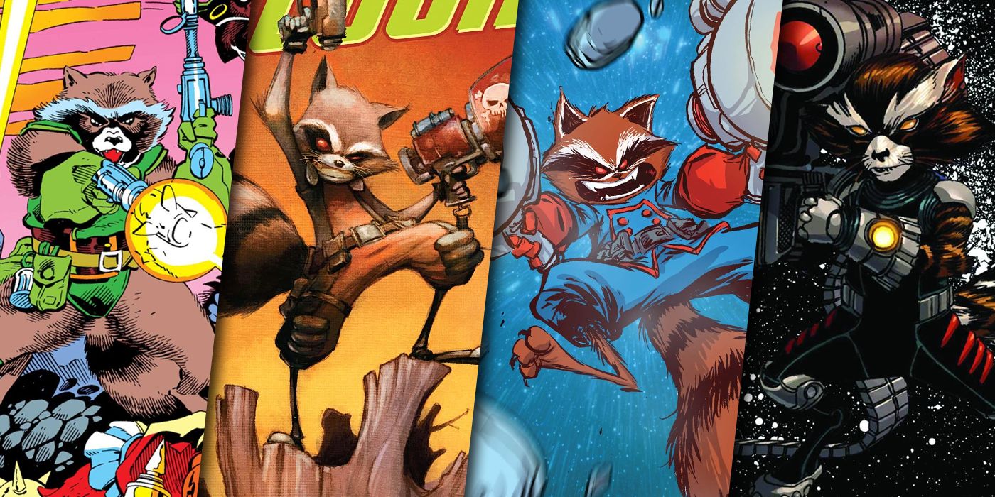 Split image of Rocket Raccoon in four different comic costumes