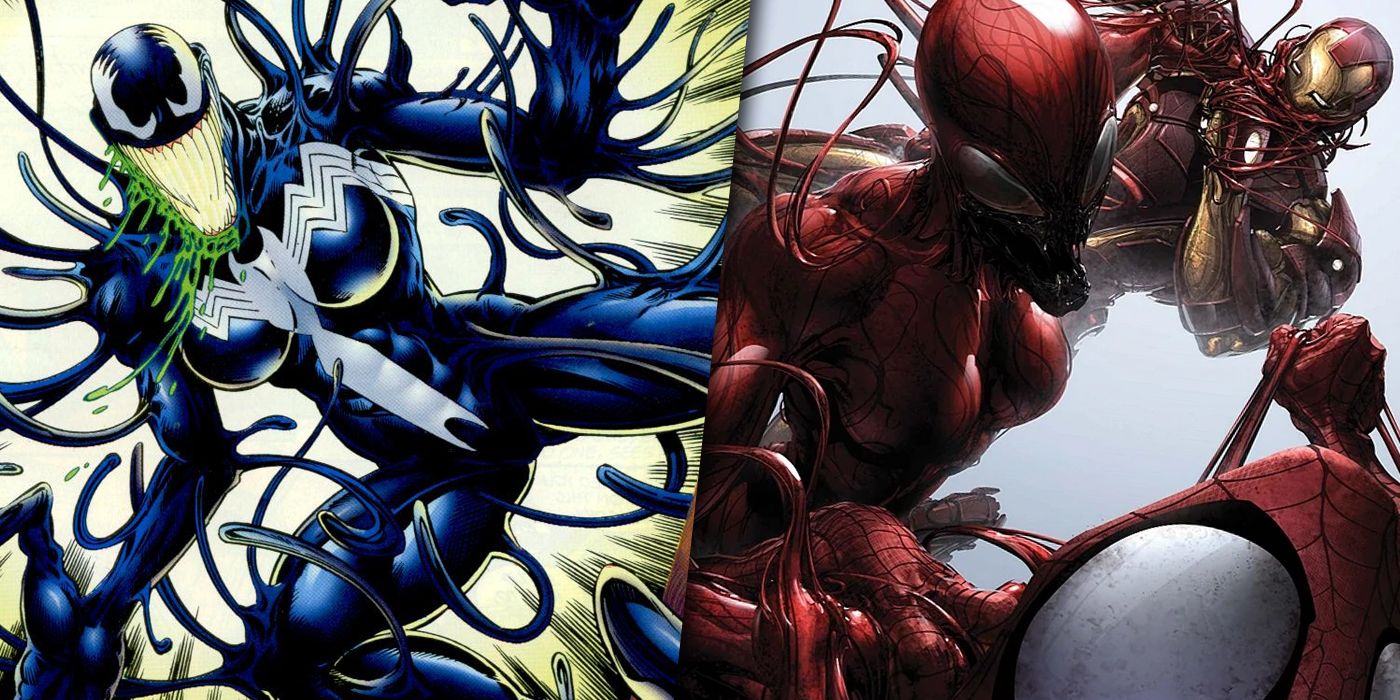 Split image of She-Venom and Shriek as Carnage fighting Spider-Man and Iron Man