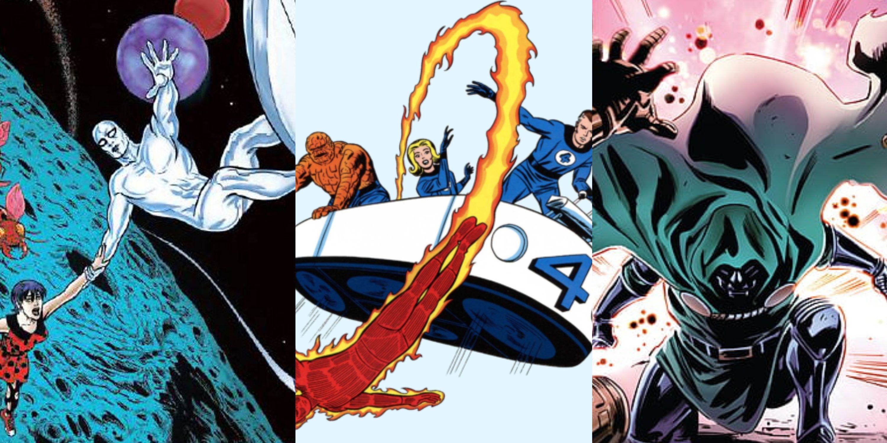 Split image of Silver Surfer, Human Torch and Doctor Doom feature