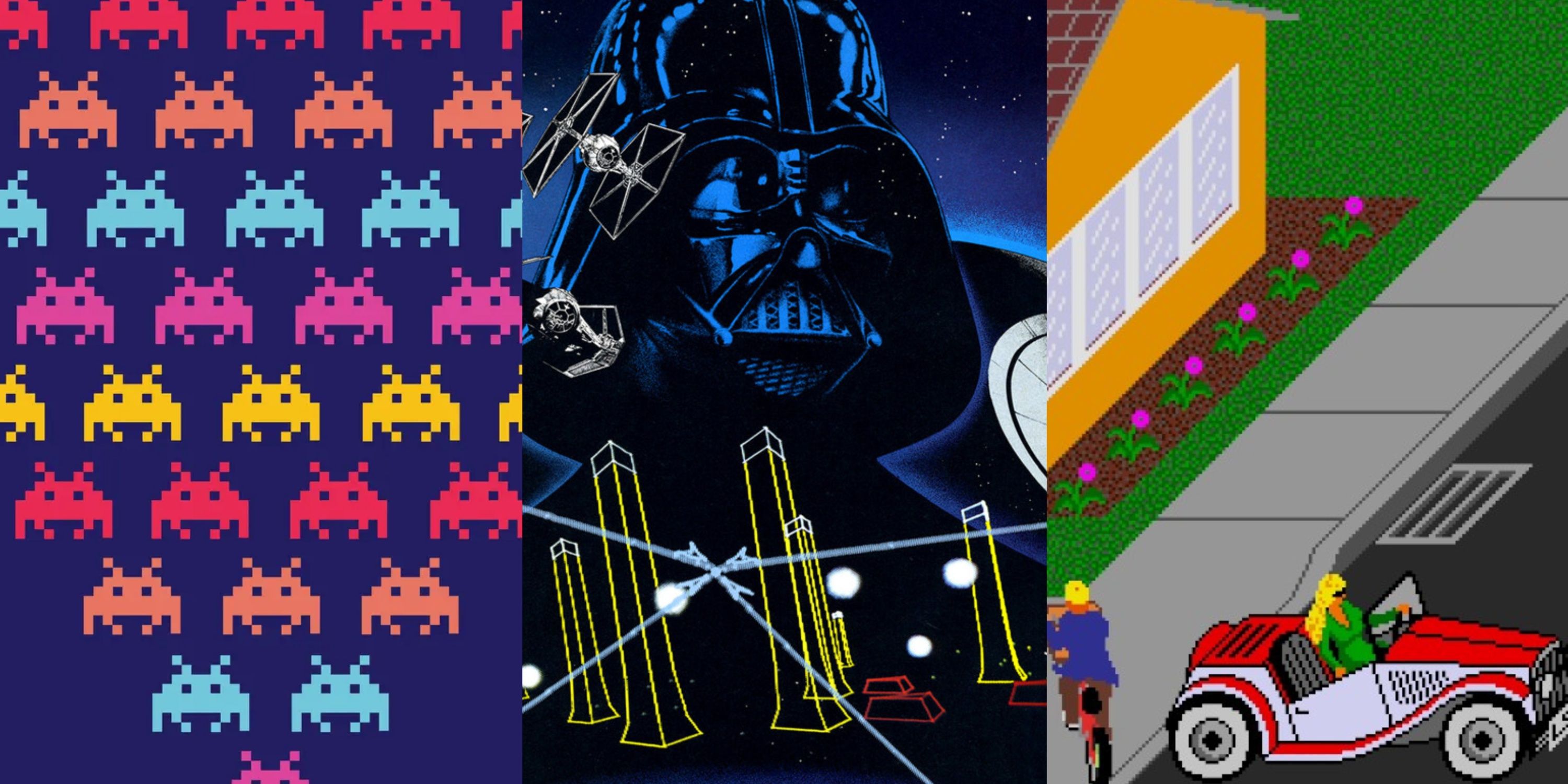 Split image of Space Invaders, Star Wars and Paperboy Atari games