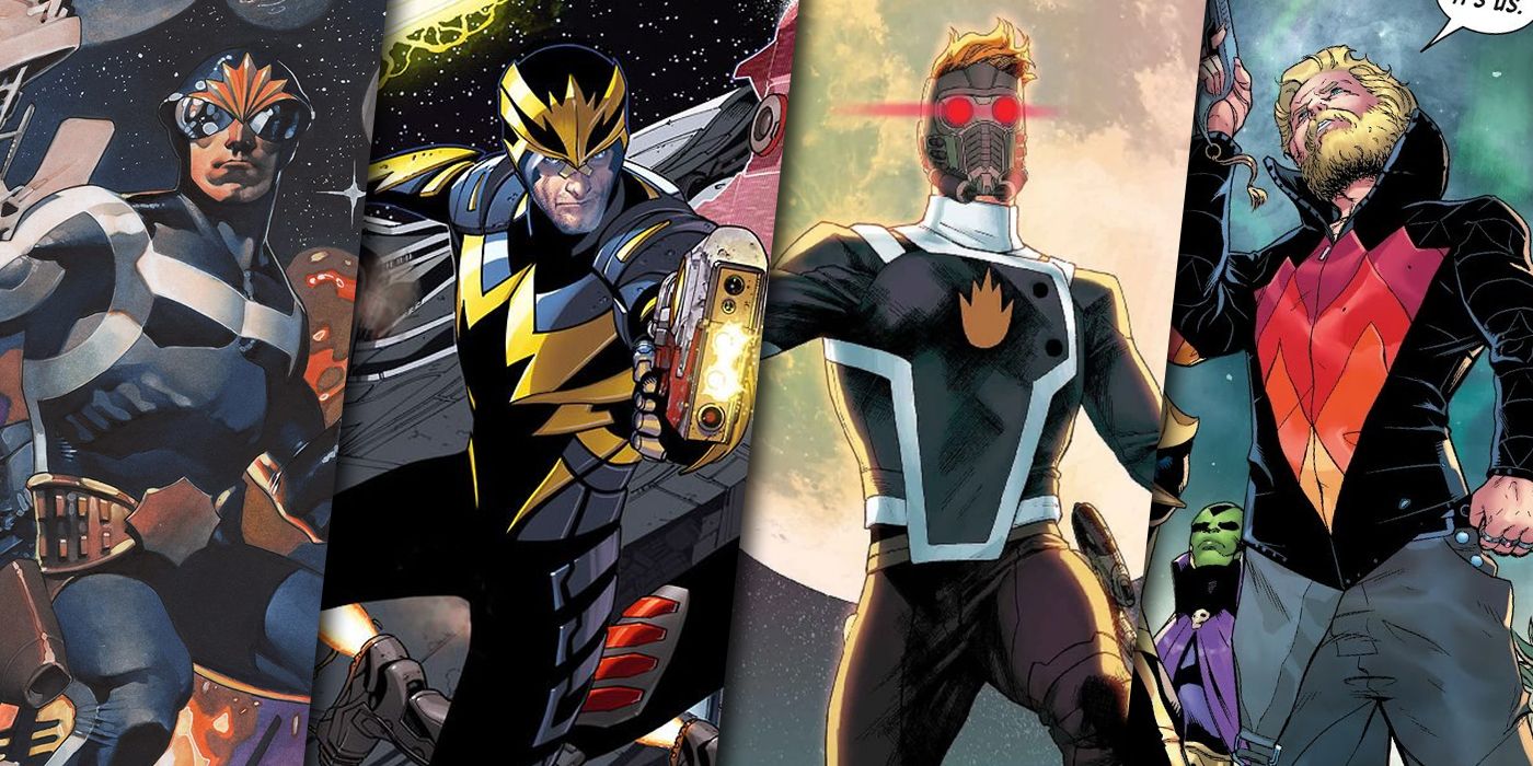 Split image of Star-Lord in four different comic costumes