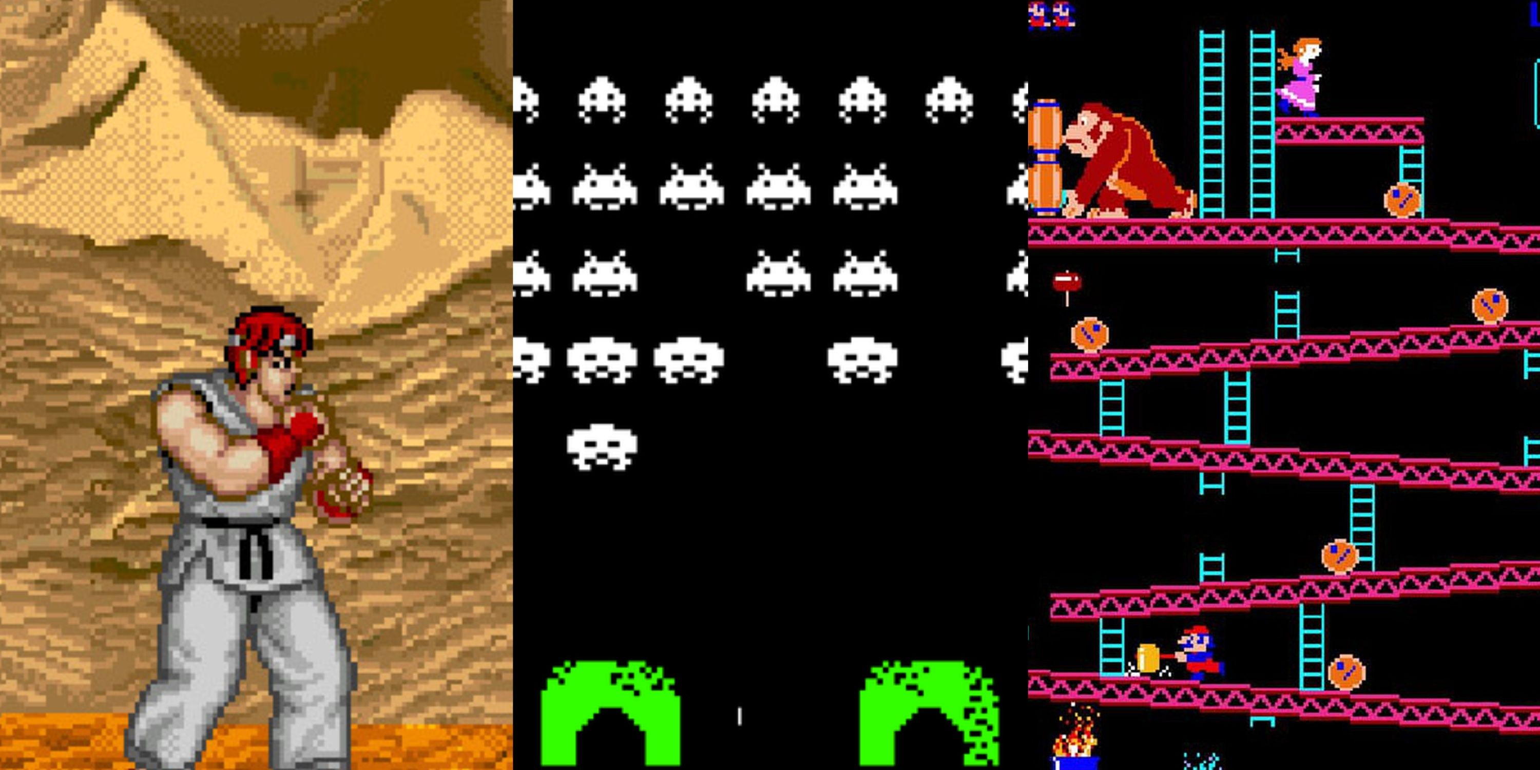 Split image of Street Fighter, Space Invaders, and Donkey Kong gameplay.
