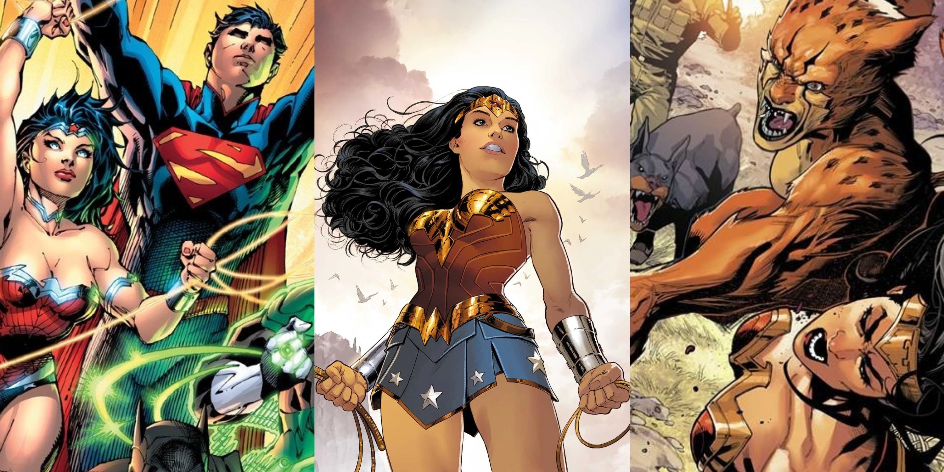 Split image of Superman, Wonder Woman and Cheetah in DC feature