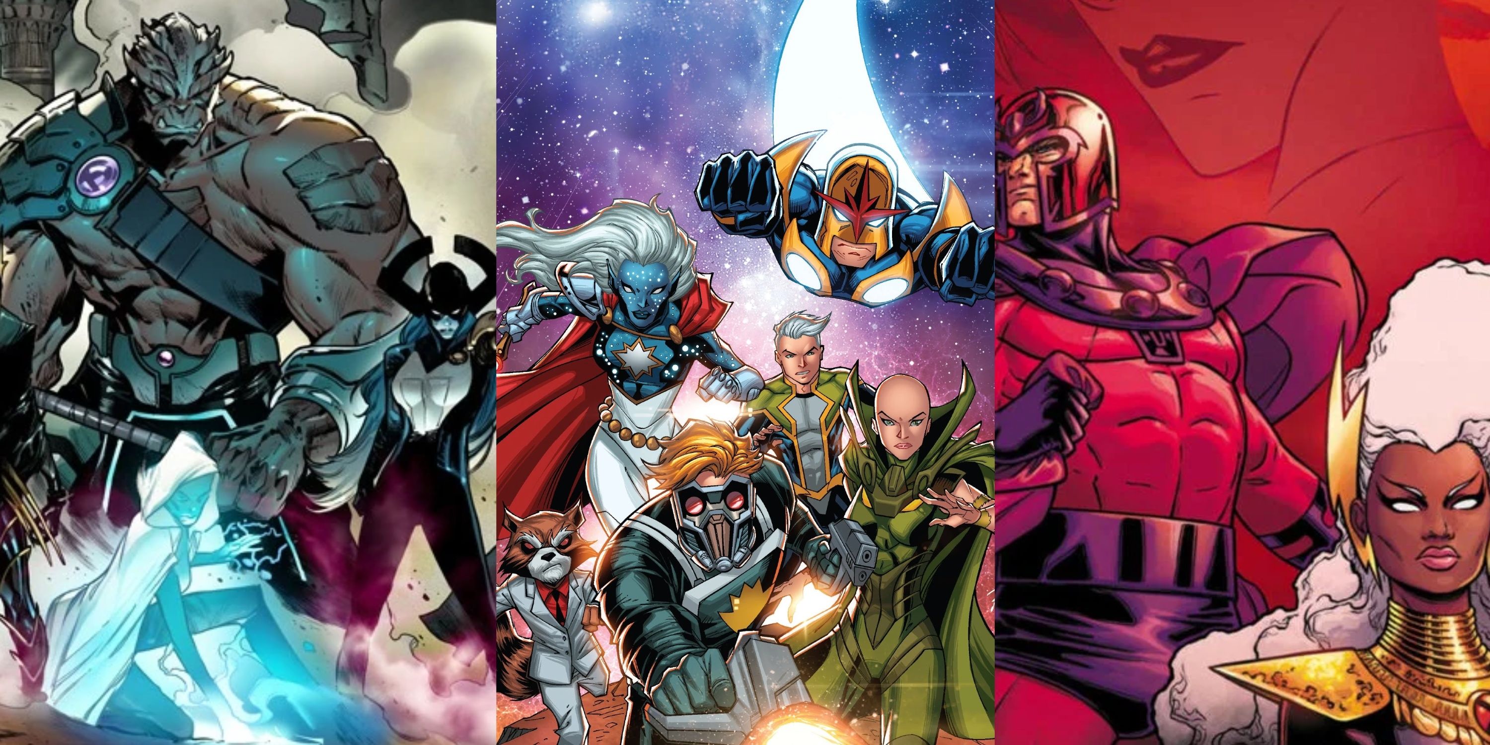 Split image of the Black Order, Guardians of the Galaxy and X-Men Red.