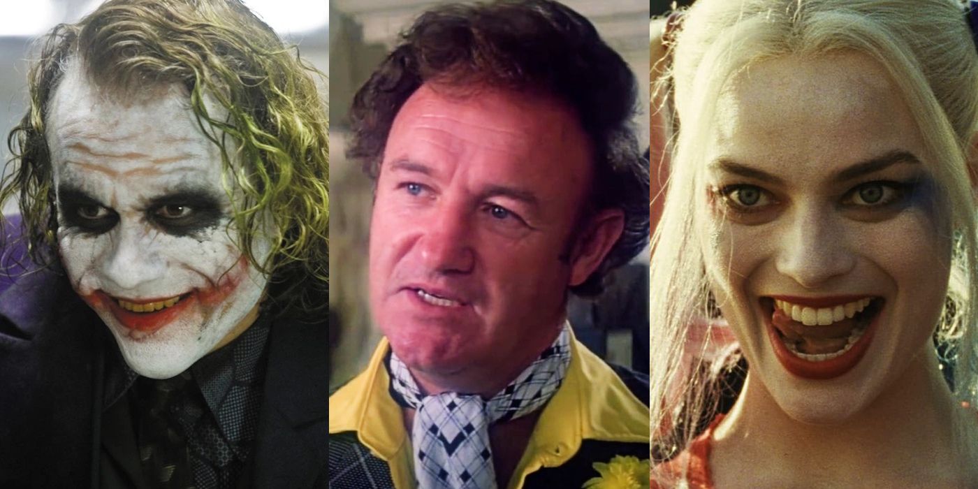 Split Image of the Joker (Heath Ledger), Lex Luthor (Gene Hackman), and Harley Quinn (Margot Robbie)