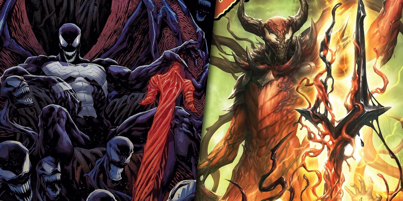 Split image of Venom and Carnage manifesting necroswords