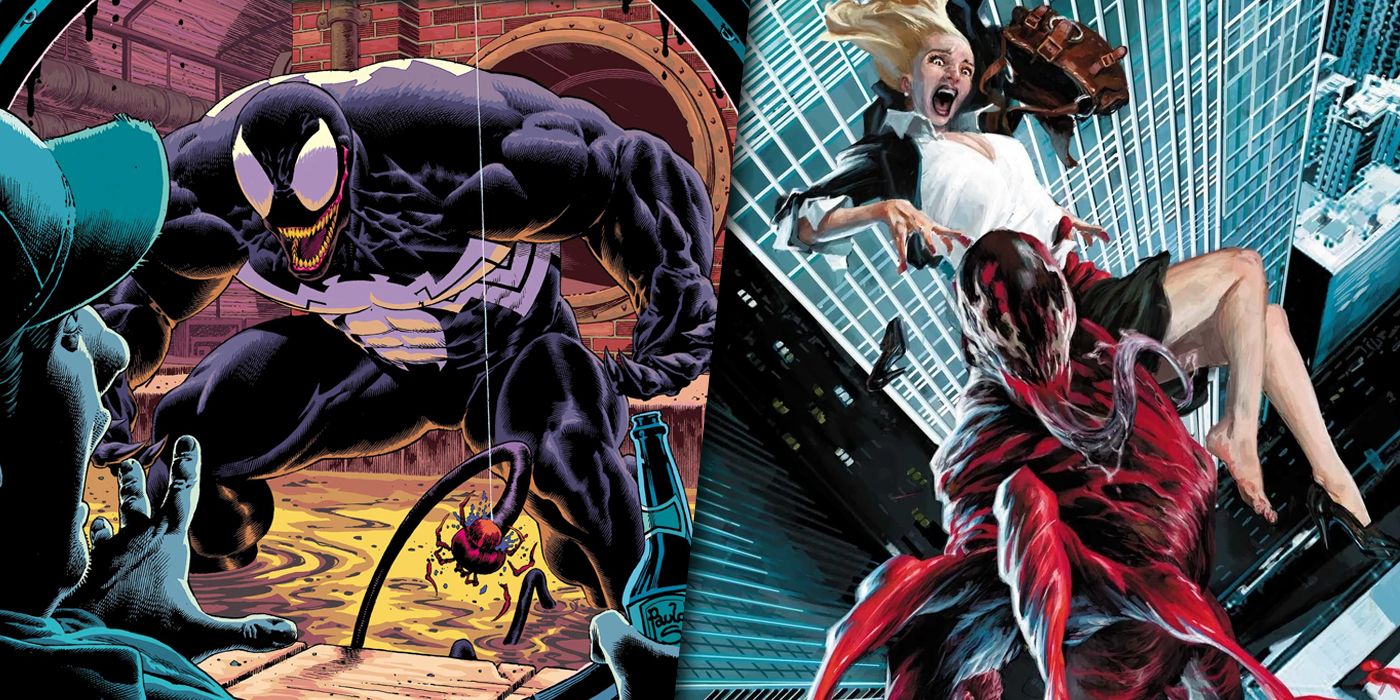 Split image of Venom and Carnage trying to be heroes