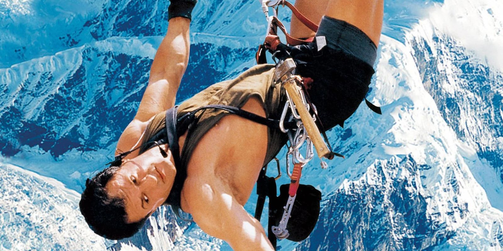 Sylvester Stallone hangs upside down in Cliffhanger