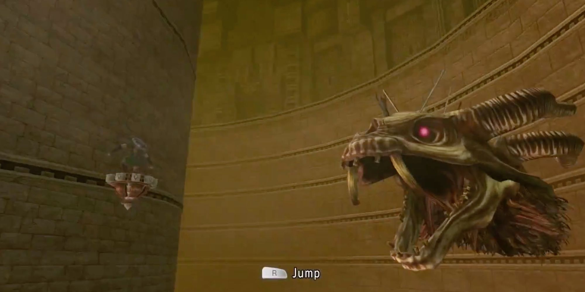 Link andando ao longo de uma coluna em seu Spinner enquanto a cabeça flutuante de Stallord ruge em The Legend of Zelda: Twilight Princess HD