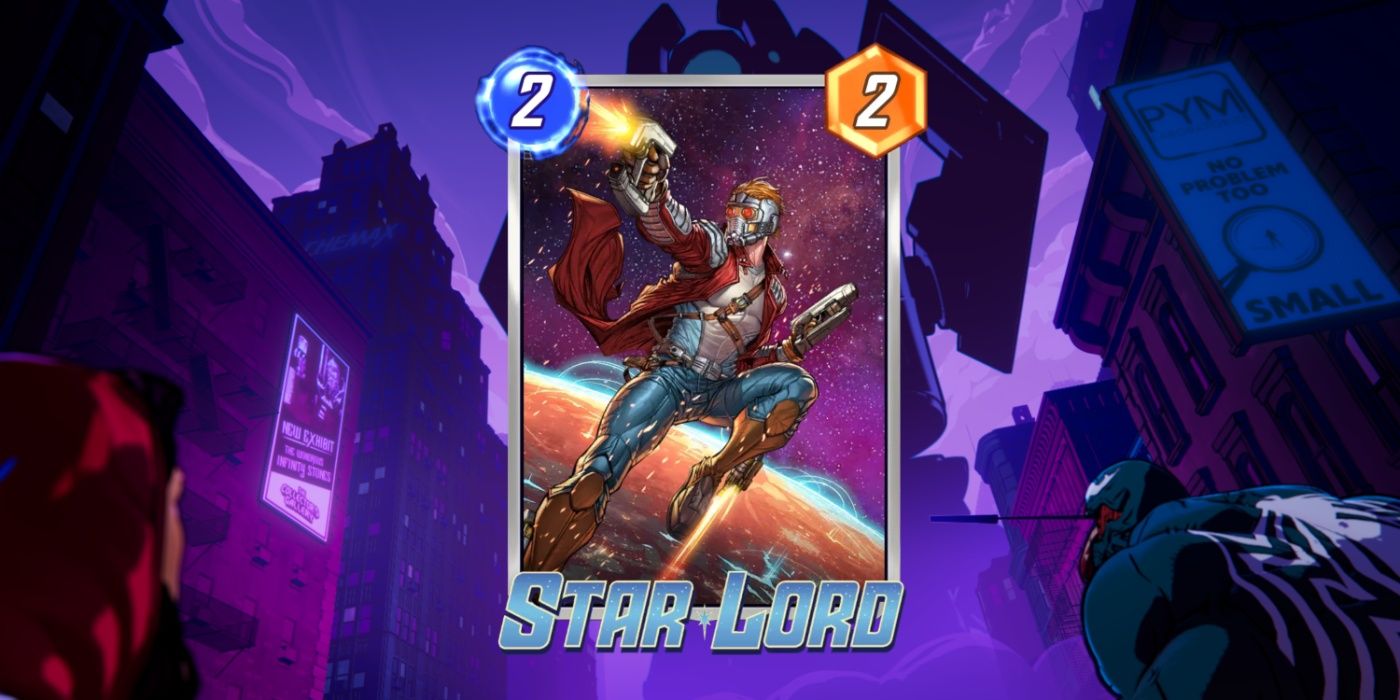 Cartão Marvel Snap de Star-Lord contra uma imagem promocional