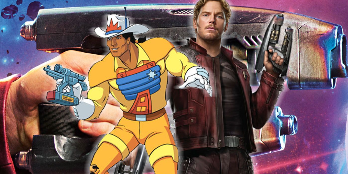 A side by side image of Star Lord and BraveStarr with their respective blasters 