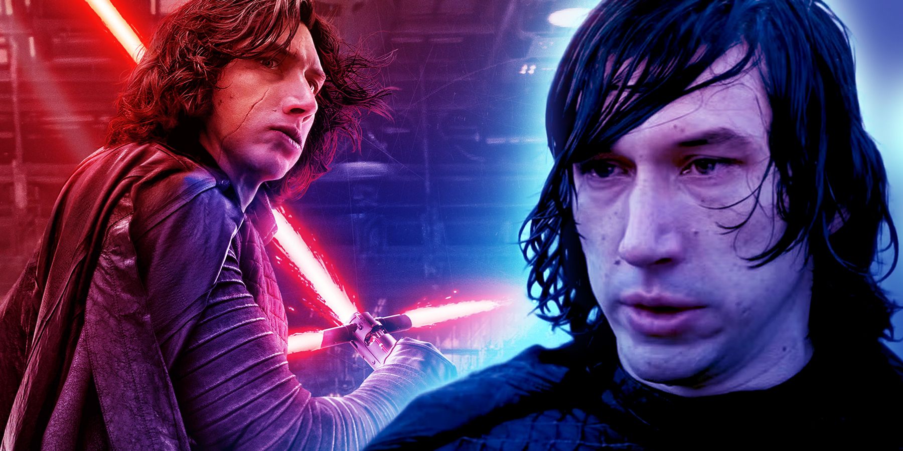 A split image Kylo Ren with his lightsaber and Ben Solo standing in the rain