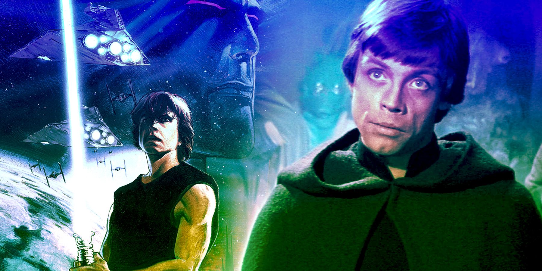 Luke Skywalker in front of the cover of Heir to the Empire.