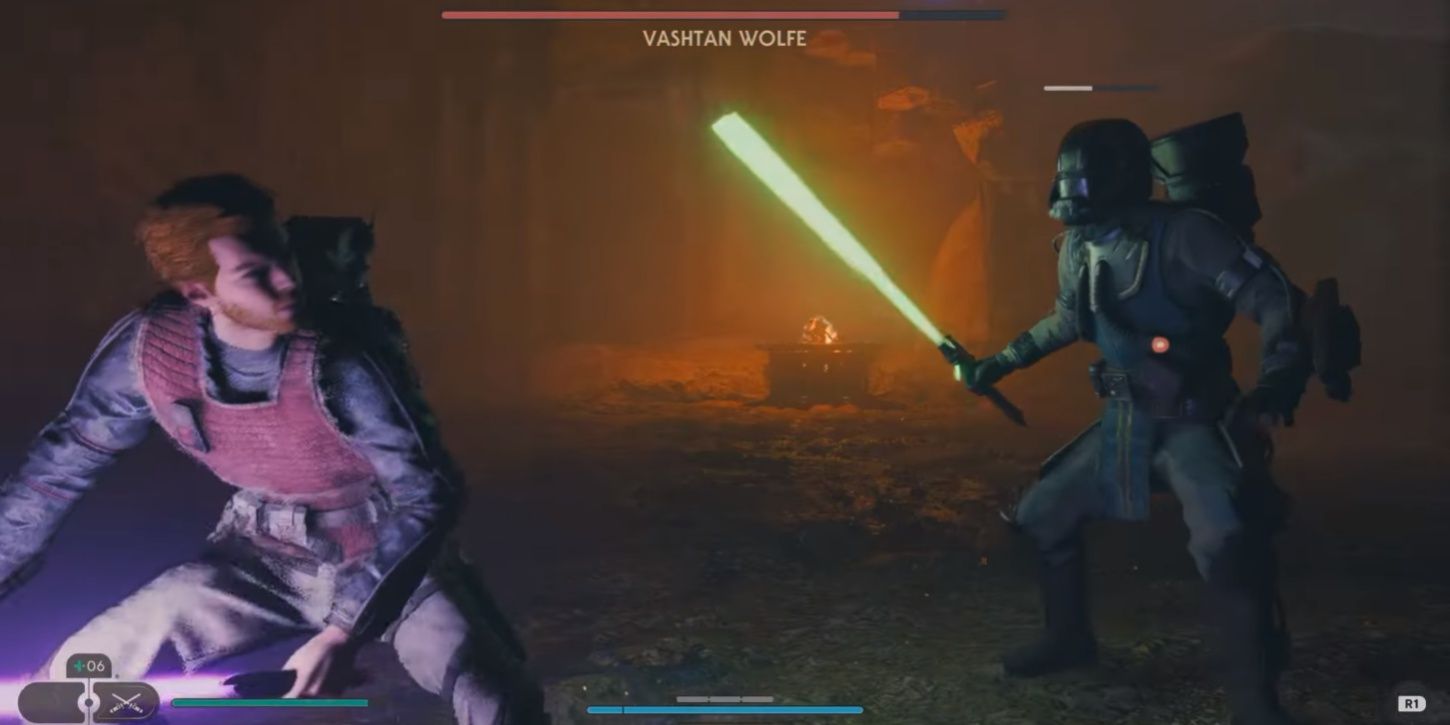 Star Wars Jedi: Survivor - Vashtan Wolfe se esgueirando atrás de Cal para uma luta