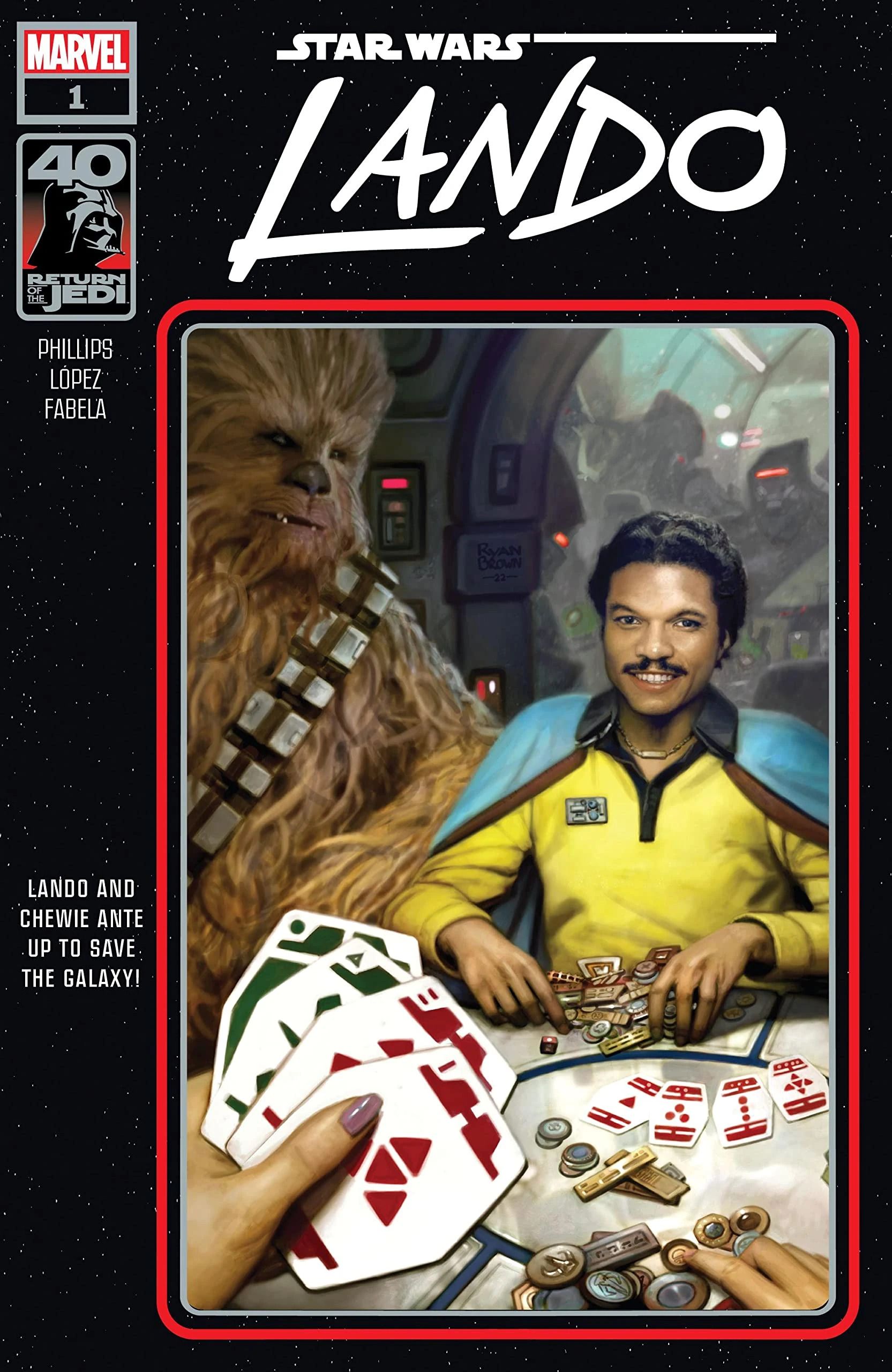 Chewbacca watches as Lando plays Sabacc on the cover of Star Wars Return of the Jedi Lando 1 Cover by Ryan Brown