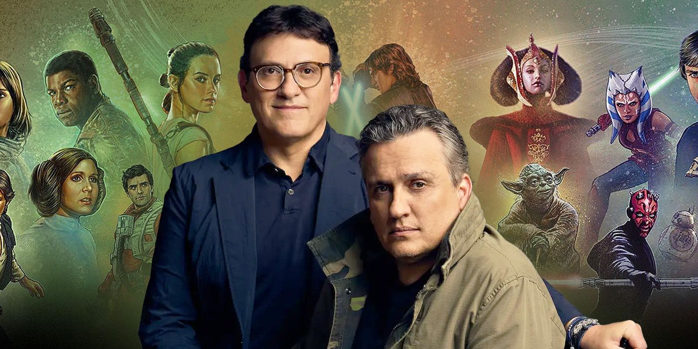 Anthony and Joe Russo in front of a Star Wars banner featuring various characters from the Skywalker Saga.