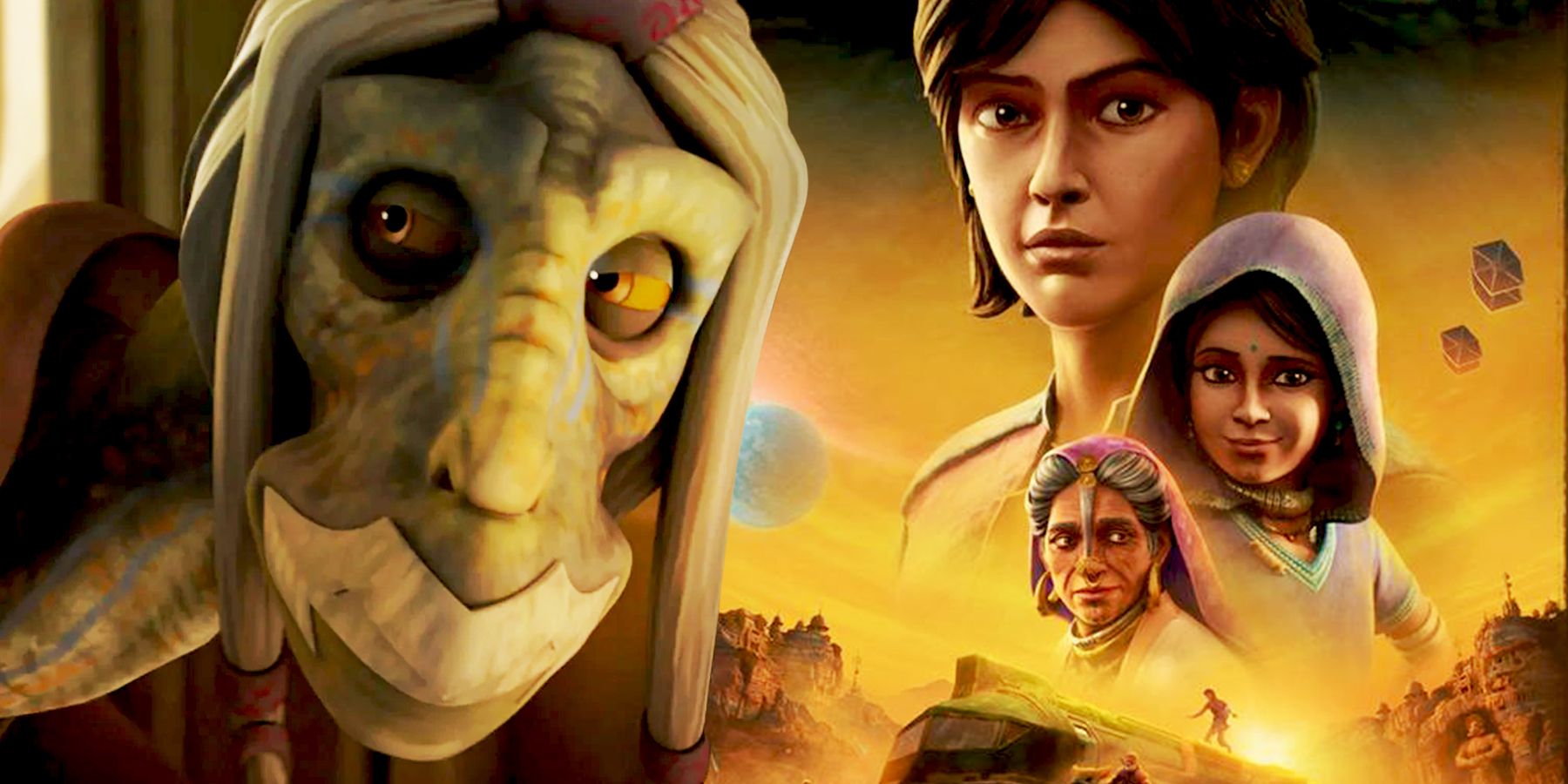 Jedi Master Tera Sinube as seen in show Star Wars: The Clone Wars and characters Runi, Rugal and Charuk from Star Wars: Visions episode The Bandits of Golak