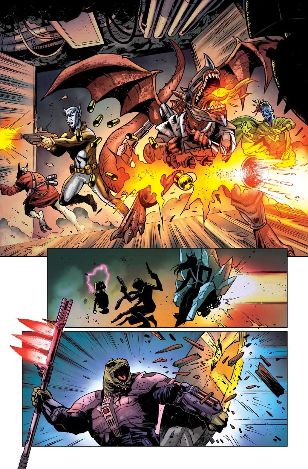 Soldiers and a dragon come through a doorway breathing fire and shooting Starfinder Angels of the Drift #1 page 6