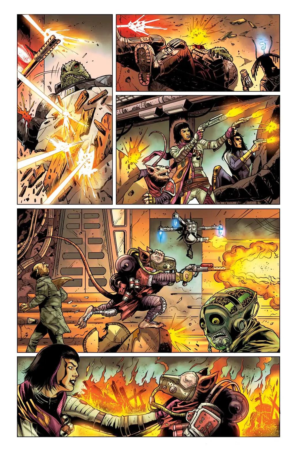 There's a gun battle in Starfinder Angels of the Drift #1 Page 7
